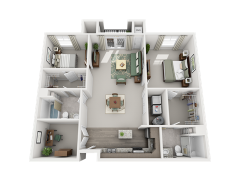 Floor plan for 2 beds, 2 baths, 1327 sqft